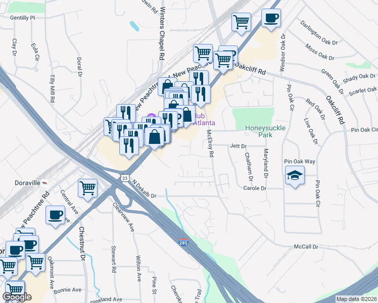 map of restaurants, bars, coffee shops, grocery stores, and more near 3838 McElroy Road in Doraville