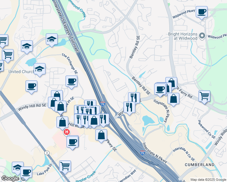 map of restaurants, bars, coffee shops, grocery stores, and more near 2767 Windy Hill Road Southeast in Marietta
