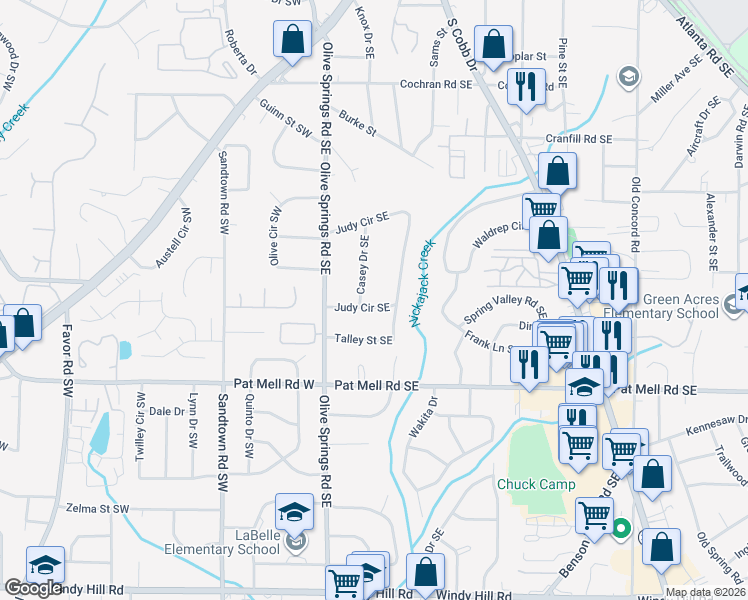 map of restaurants, bars, coffee shops, grocery stores, and more near 1976 Judy Circle Southeast in Marietta