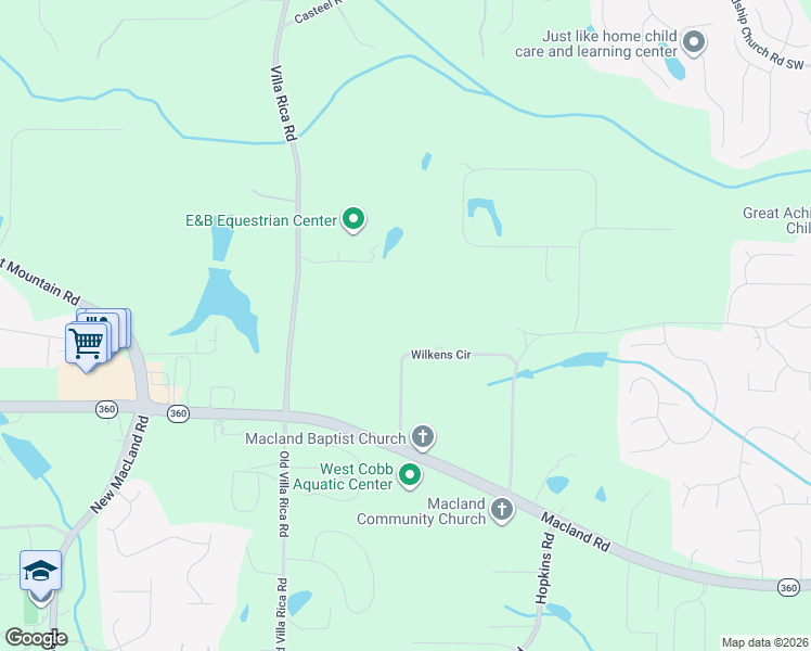 map of restaurants, bars, coffee shops, grocery stores, and more near 3724 Wilkins Circle in Powder Springs