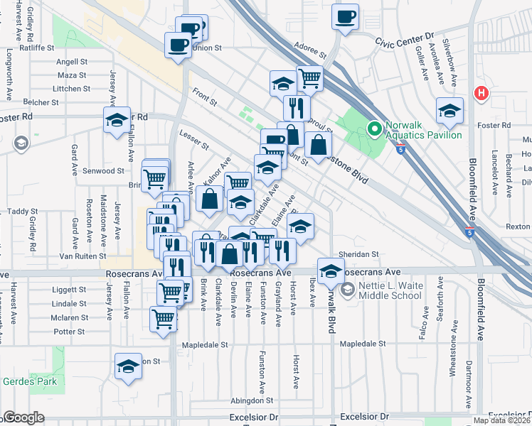 map of restaurants, bars, coffee shops, grocery stores, and more near 12007 Walnut Street in Norwalk