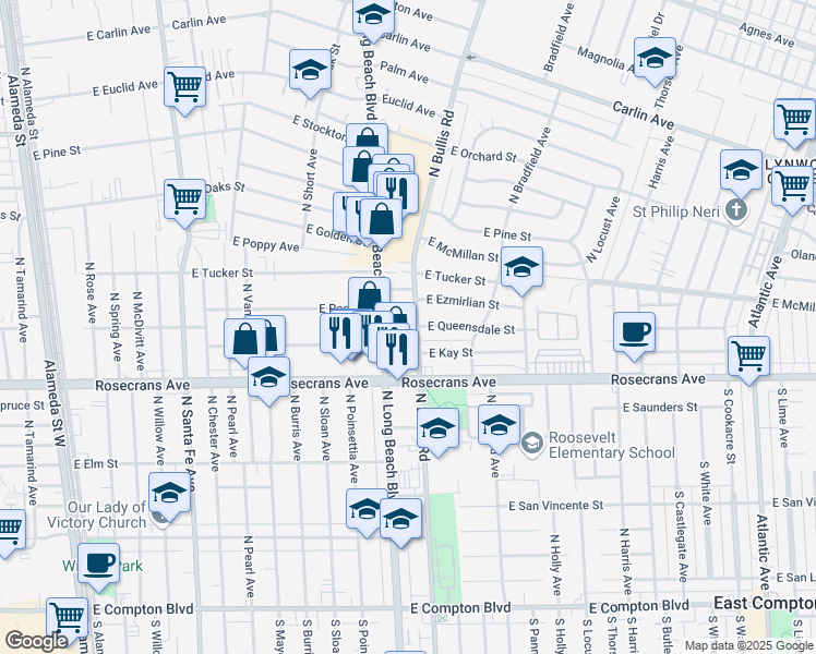 map of restaurants, bars, coffee shops, grocery stores, and more near 1213 North Bullis Road in Compton