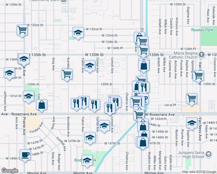 map of restaurants, bars, coffee shops, grocery stores, and more near 3314 139th Street in Hawthorne