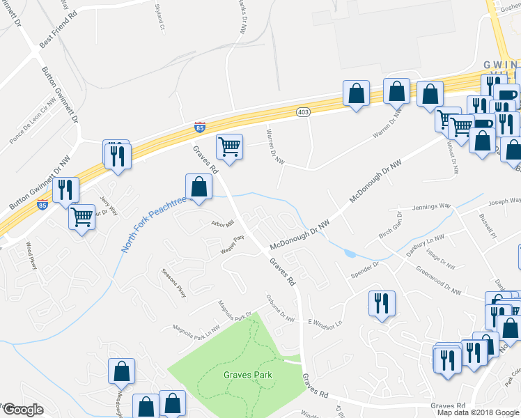 map of restaurants, bars, coffee shops, grocery stores, and more near 505 Oakmont Lane in Norcross