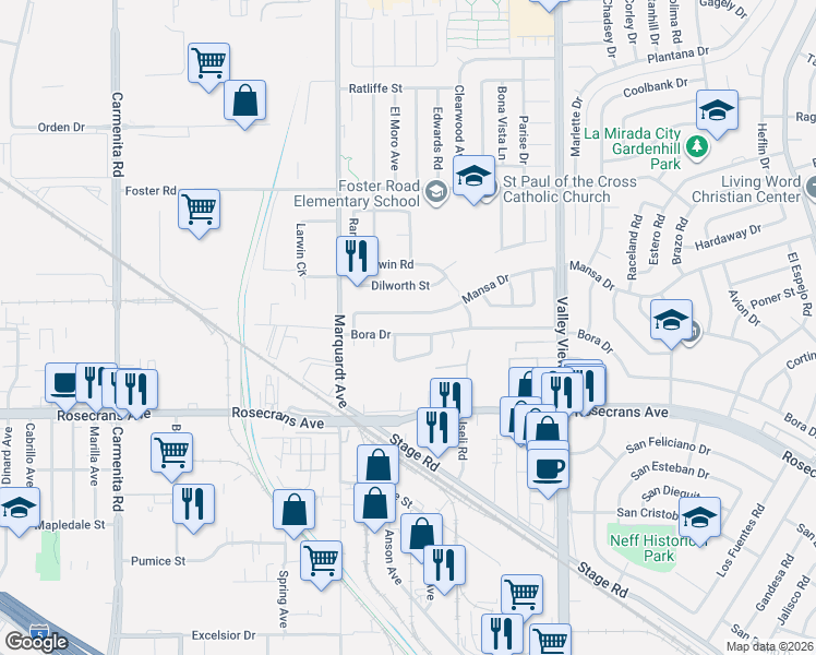 map of restaurants, bars, coffee shops, grocery stores, and more near 13925 Plume Drive in La Mirada