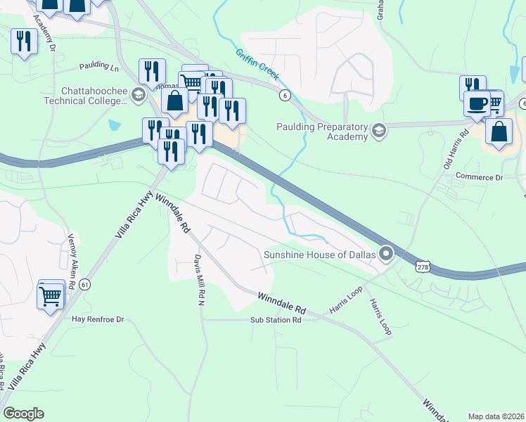 map of restaurants, bars, coffee shops, grocery stores, and more near 223 Silver Fox Trail in Dallas