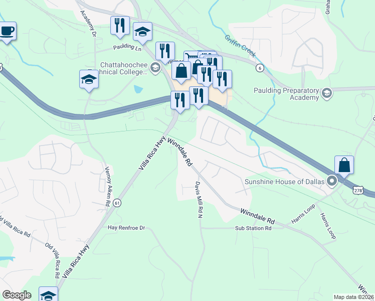 map of restaurants, bars, coffee shops, grocery stores, and more near 170 Winndale Road in Dallas