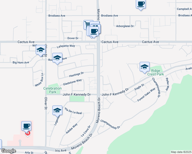 map of restaurants, bars, coffee shops, grocery stores, and more near 27964 John F Kennedy Drive in Moreno Valley