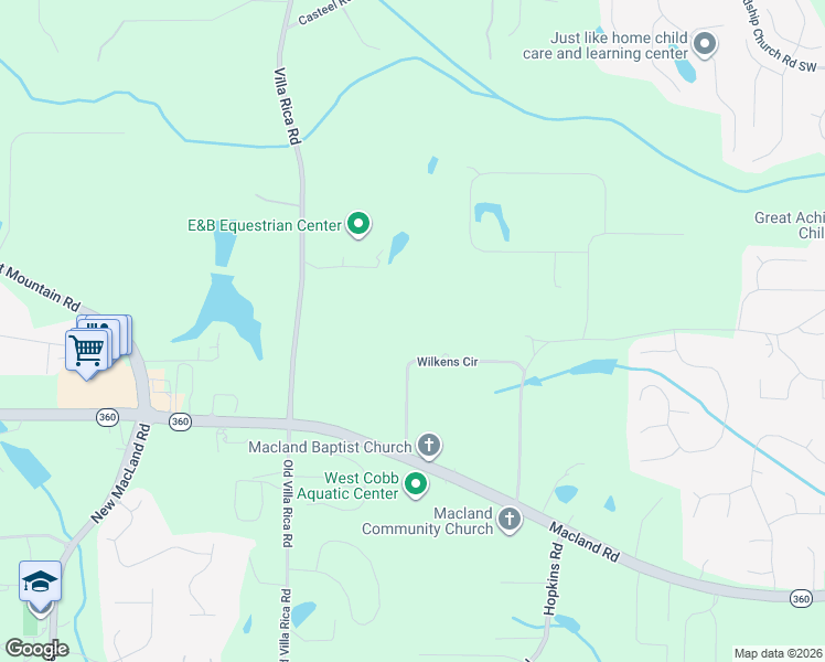 map of restaurants, bars, coffee shops, grocery stores, and more near 3724 Wilkins Cir in Powder Springs