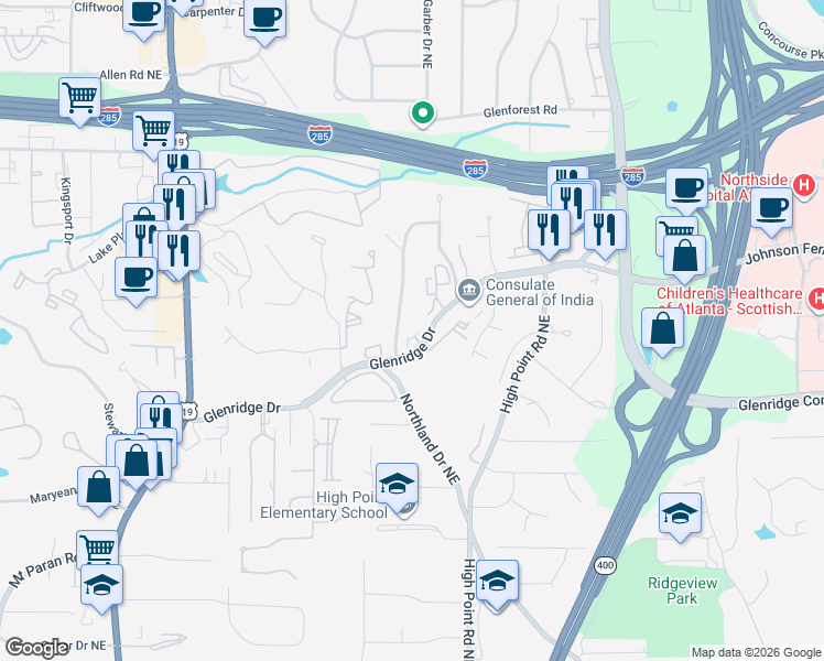 map of restaurants, bars, coffee shops, grocery stores, and more near 5512 Glenridge Drive in Atlanta