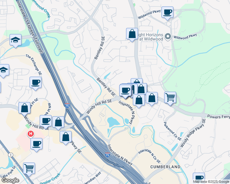 map of restaurants, bars, coffee shops, grocery stores, and more near 1960 Spectrum Circle in Marietta