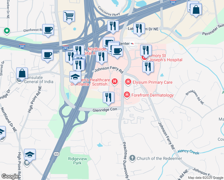 map of restaurants, bars, coffee shops, grocery stores, and more near 5461 Meridian Mark Road in Sandy Springs