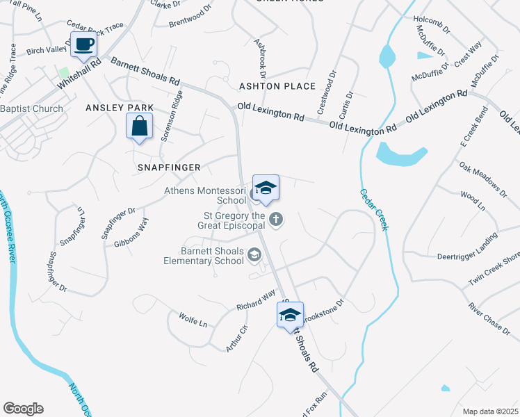 map of restaurants, bars, coffee shops, grocery stores, and more near 3145 South Barnett Shoals Road in Athens