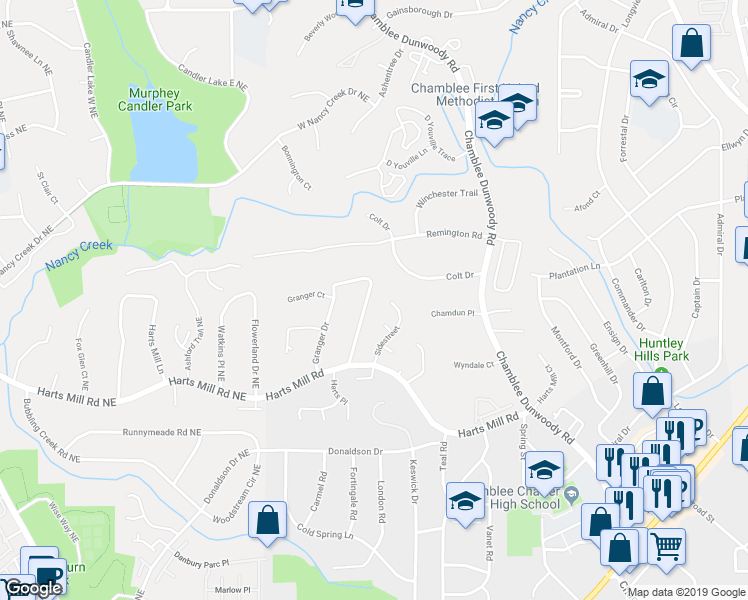 map of restaurants, bars, coffee shops, grocery stores, and more near 3932 Granger Drive in Atlanta