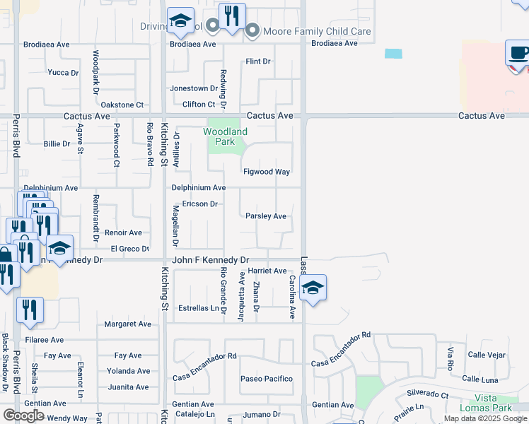 map of restaurants, bars, coffee shops, grocery stores, and more near 25856 Parsley Avenue in Moreno Valley