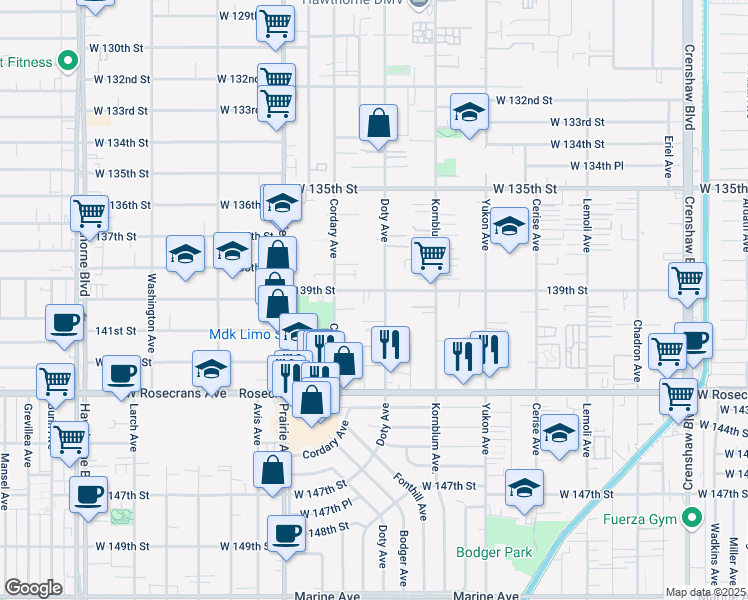 map of restaurants, bars, coffee shops, grocery stores, and more near 13937 Doty Avenue in Hawthorne