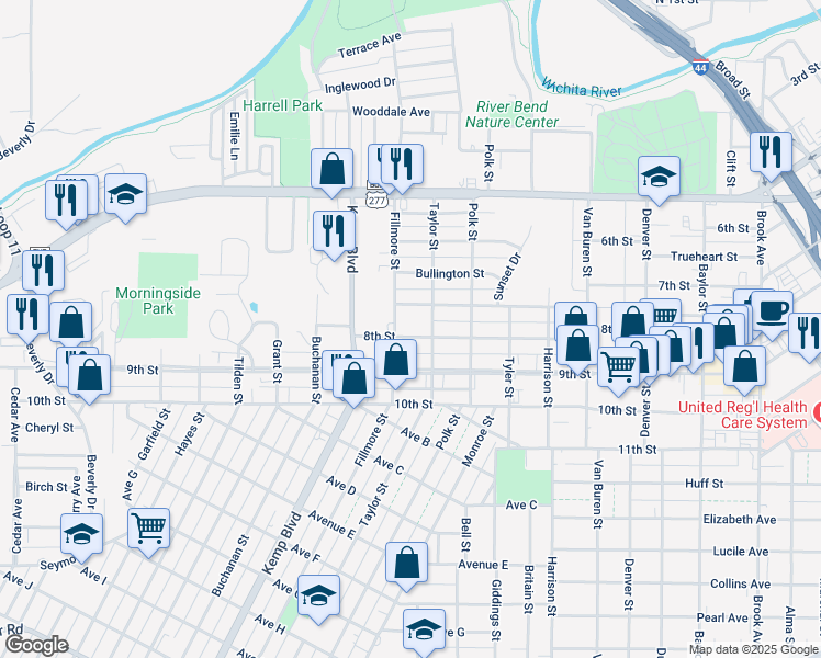 map of restaurants, bars, coffee shops, grocery stores, and more near 2408 8th Street in Wichita Falls