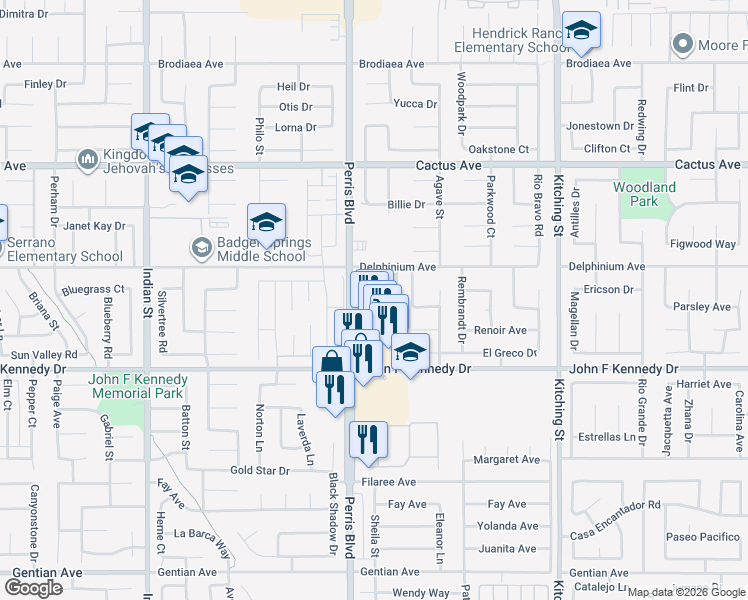 map of restaurants, bars, coffee shops, grocery stores, and more near 14910 Perris Boulevard in Moreno Valley