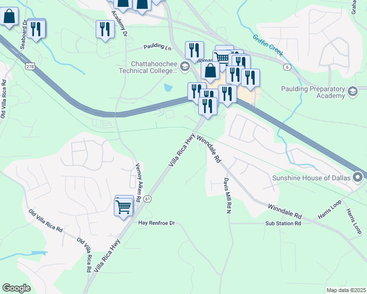 map of restaurants, bars, coffee shops, grocery stores, and more near 283 Villa Rica Highway in Dallas
