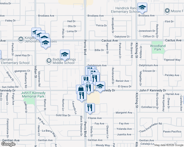 map of restaurants, bars, coffee shops, grocery stores, and more near 14890 Perris Boulevard in Moreno Valley