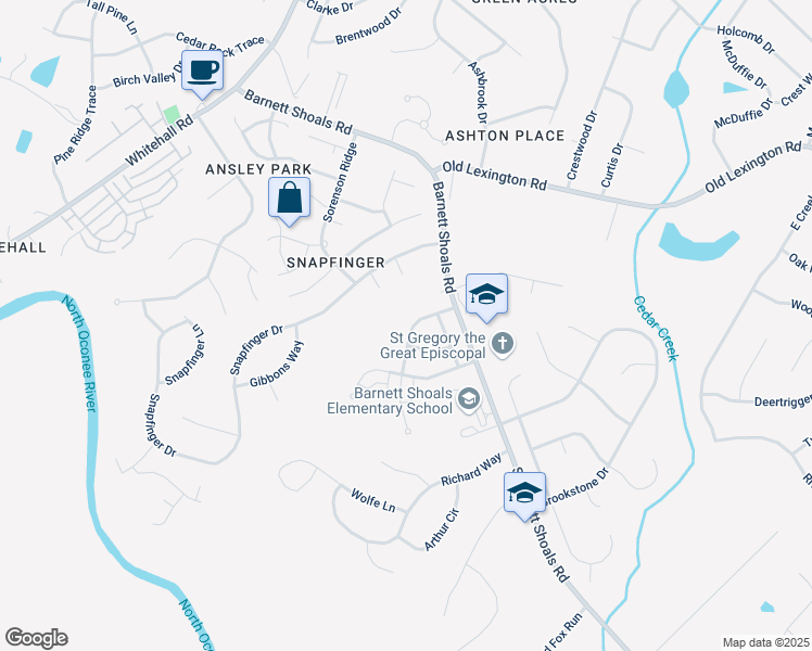 map of restaurants, bars, coffee shops, grocery stores, and more near 178 Wiltshire Drive in Athens