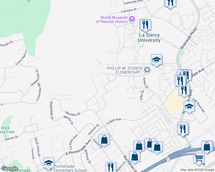 map of restaurants, bars, coffee shops, grocery stores, and more near 4441 Rimcrest Drive in Riverside