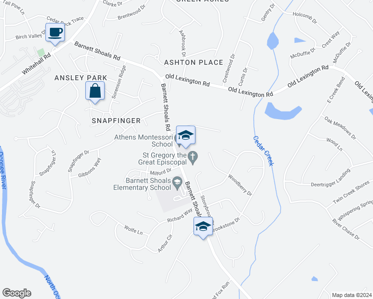 map of restaurants, bars, coffee shops, grocery stores, and more near 3145 South Barnett Shoals Road in Athens