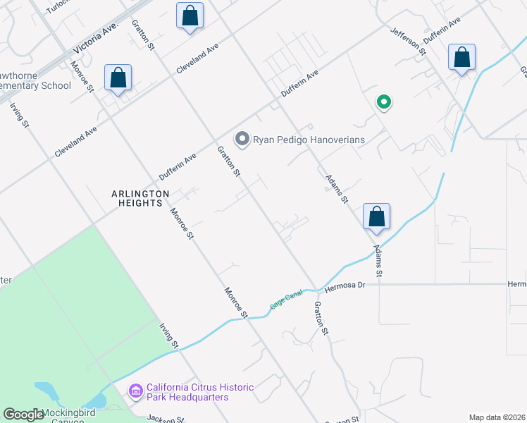 map of restaurants, bars, coffee shops, grocery stores, and more near 2085 Gratton Street in Riverside