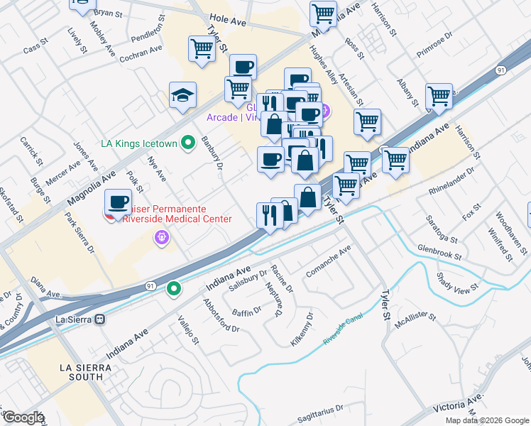 map of restaurants, bars, coffee shops, grocery stores, and more near 3535 Banbury Drive in Riverside