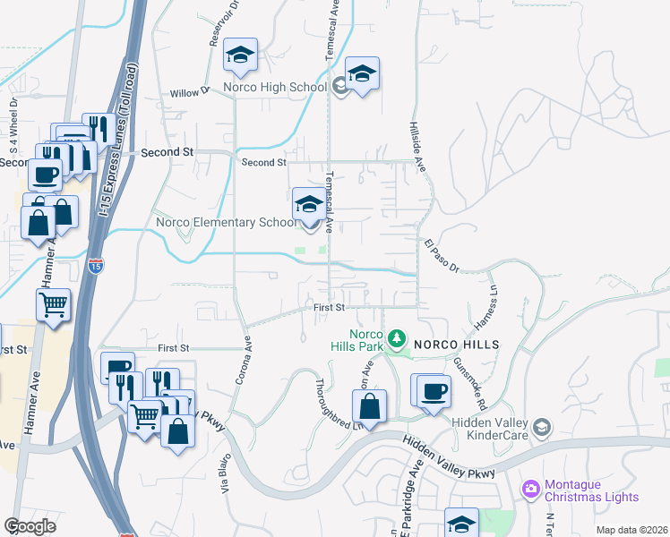 map of restaurants, bars, coffee shops, grocery stores, and more near 1607 Temescal Avenue in Norco