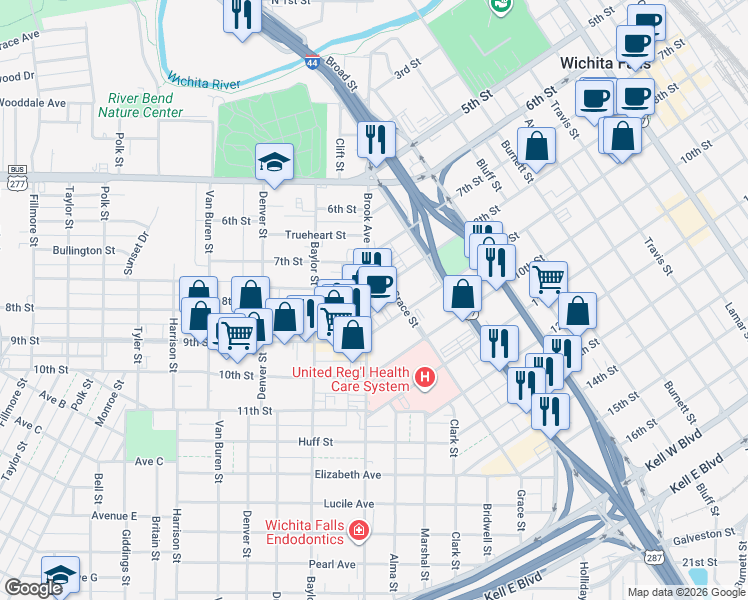 map of restaurants, bars, coffee shops, grocery stores, and more near 713 Brook Avenue in Wichita Falls