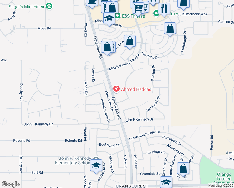 map of restaurants, bars, coffee shops, grocery stores, and more near 19314 Jesse Lane in Riverside