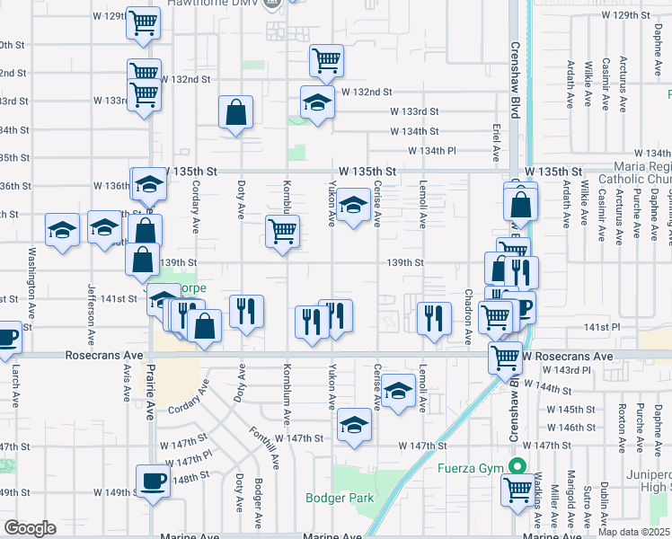 map of restaurants, bars, coffee shops, grocery stores, and more near 13906 Yukon Avenue in Hawthorne