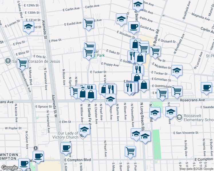 map of restaurants, bars, coffee shops, grocery stores, and more near 1318 North Van Ness Avenue in Compton