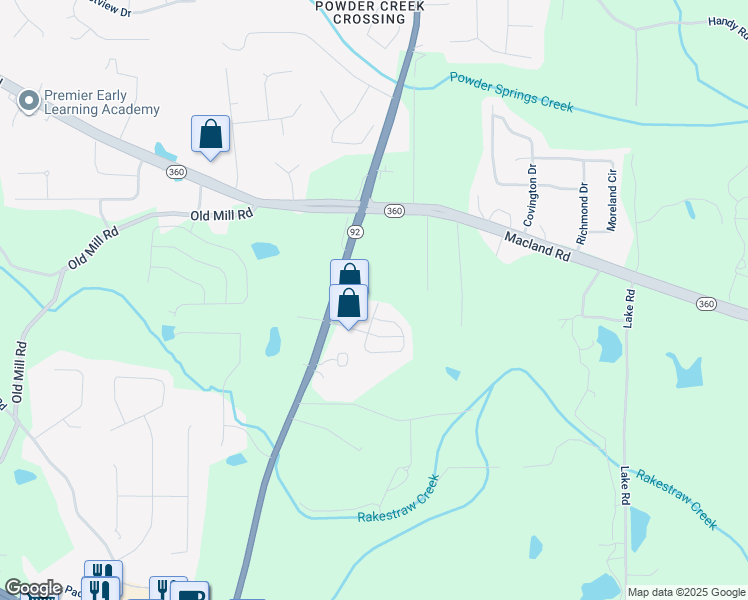 map of restaurants, bars, coffee shops, grocery stores, and more near 77 Darby's Crossing Point in Hiram