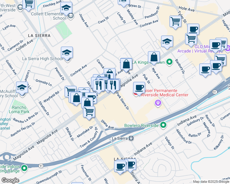 map of restaurants, bars, coffee shops, grocery stores, and more near 10920 Magnolia Avenue in Riverside