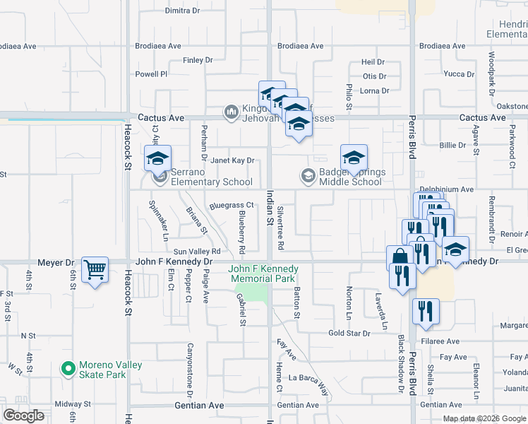 map of restaurants, bars, coffee shops, grocery stores, and more near 14830 Cliffrose Court in Moreno Valley