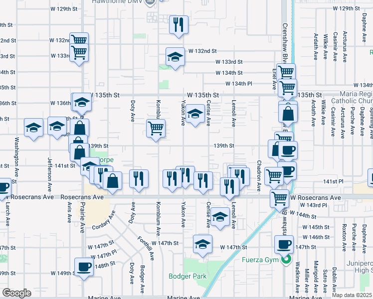 map of restaurants, bars, coffee shops, grocery stores, and more near 13906 Yukon Avenue in Hawthorne