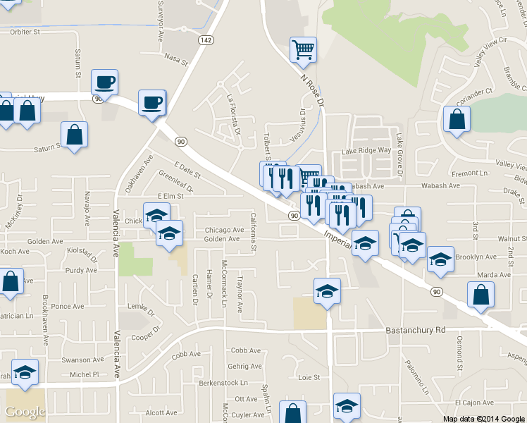 map of restaurants, bars, coffee shops, grocery stores, and more near 1050 East Imperial Highway in Placentia