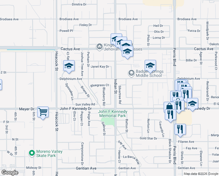 map of restaurants, bars, coffee shops, grocery stores, and more near 14825 Cliffrose Court in Moreno Valley