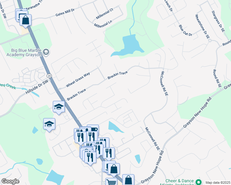 map of restaurants, bars, coffee shops, grocery stores, and more near 406 Dunaway Court in Grayson