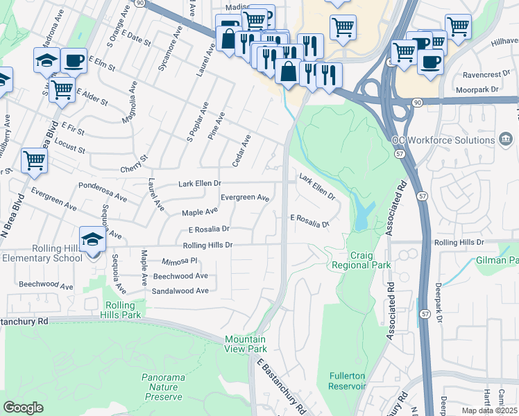 map of restaurants, bars, coffee shops, grocery stores, and more near 1919 Aspen Circle in Fullerton