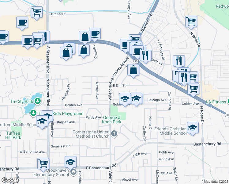 map of restaurants, bars, coffee shops, grocery stores, and more near 2362 Iroquois Avenue in Placentia