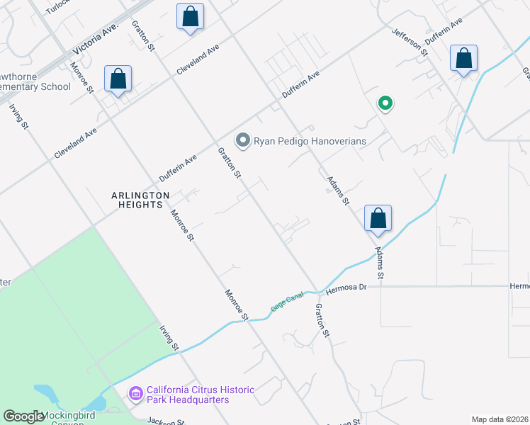map of restaurants, bars, coffee shops, grocery stores, and more near 2085 Gratton Street in Riverside
