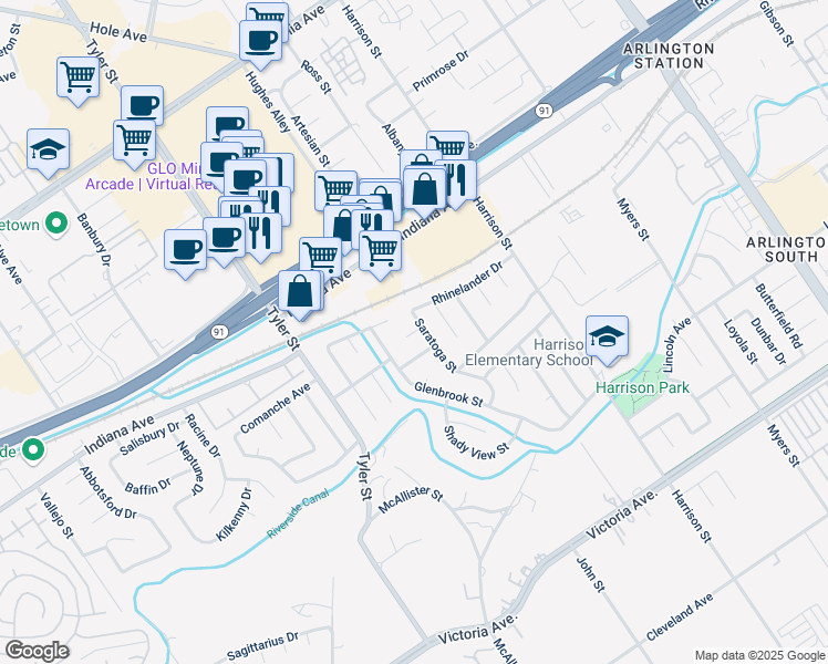 map of restaurants, bars, coffee shops, grocery stores, and more near 3274 Saratoga Street in Riverside