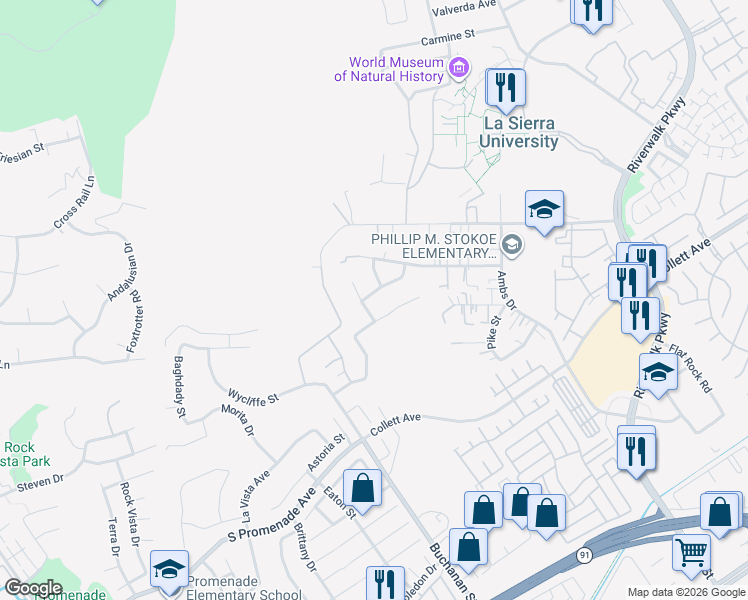 map of restaurants, bars, coffee shops, grocery stores, and more near 4441 Rimcrest Drive in Riverside