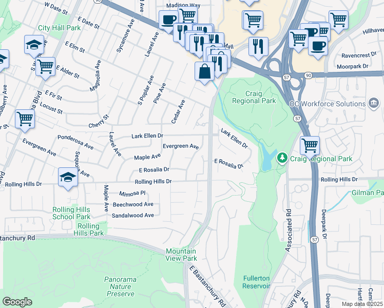 map of restaurants, bars, coffee shops, grocery stores, and more near 1973 Evergreen Avenue in Fullerton