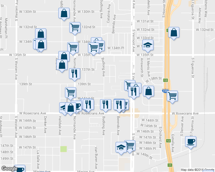 map of restaurants, bars, coffee shops, grocery stores, and more near 13819 Budlong Avenue in Gardena