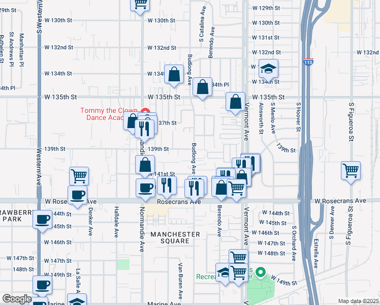 map of restaurants, bars, coffee shops, grocery stores, and more near 13819 Budlong Avenue in Gardena