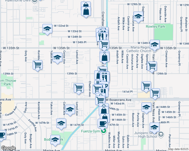 map of restaurants, bars, coffee shops, grocery stores, and more near 13807 Crenshaw Boulevard in Hawthorne